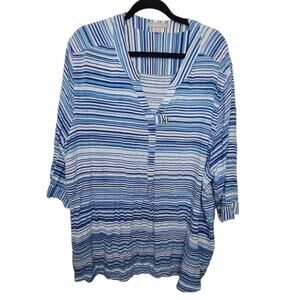 Woman‎ Within Womens Plus 4X 34/36 Blue Striped Top Blouse V-Neck Beach Summer